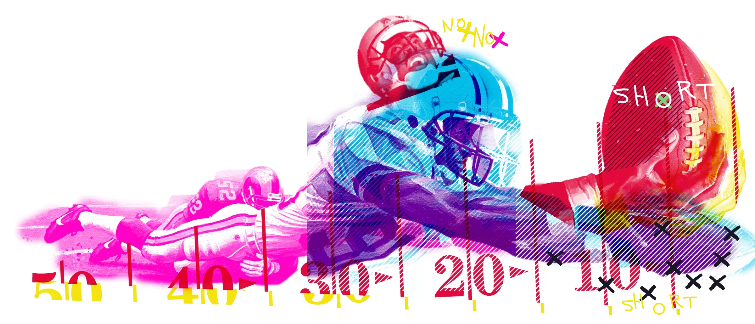 An abstract, high-energy graphic illustrating a football player diving toward a goal line with a ball labeled "Short," using bright overlays and yard line markers.